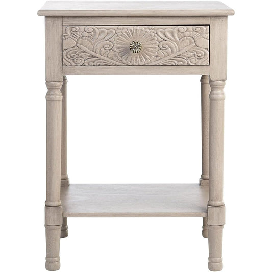 SAFAVIEH Home Collection – Josie Greige Accent Table with Drawer & Shelf, Old World Farmhouse Nightstand, Carved Floral Detail (ACC5706B)