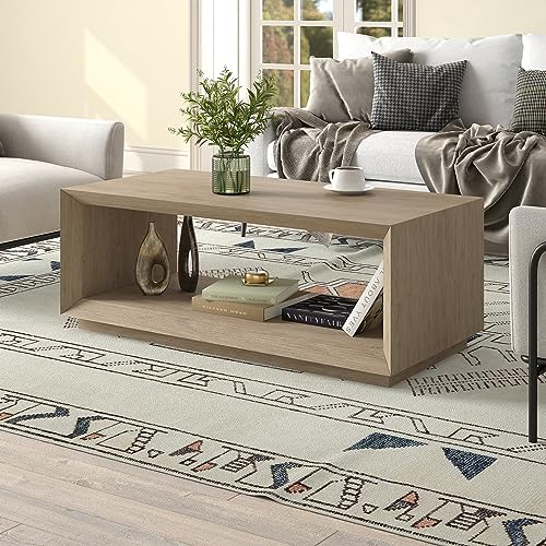 48" Rectangular Coffee Table with Open Storage Shelf for Living Room, Family Room, or Office, Weathered Gray