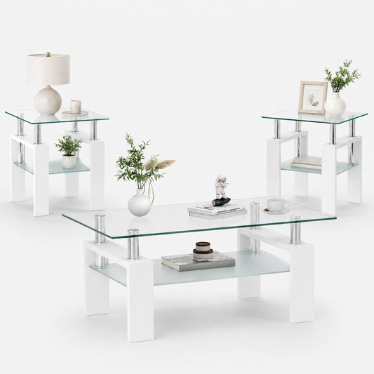 3-Piece Coffee Table Set, Glass Coffee Table with 2 End Tables