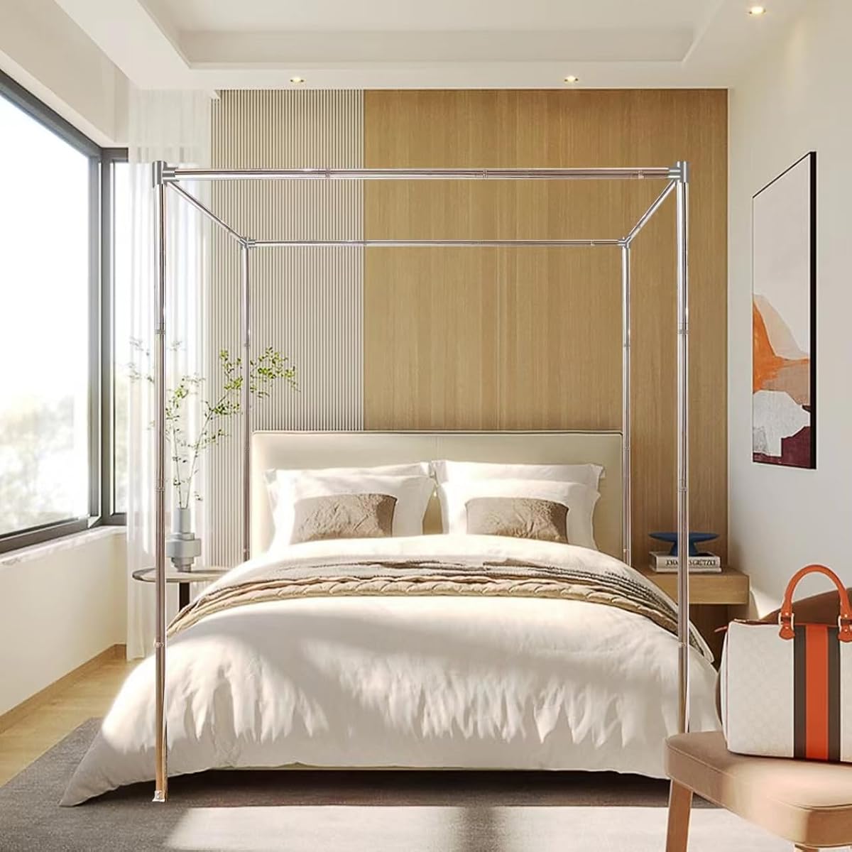 King Size Canopy Bed Frame with Stainless Steel Poles and Bedroom Decor Bracket