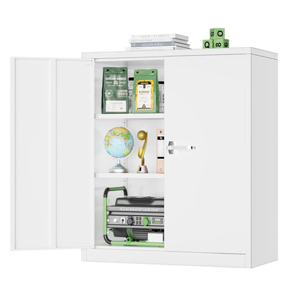 36” Metal Storage Cabinet, Locking Steel Storage Cabinet with 2 Doors and 2 Adjustable Shelves, Small Lockable Tool Storages Cabinet for Garage, Home, Office (White)