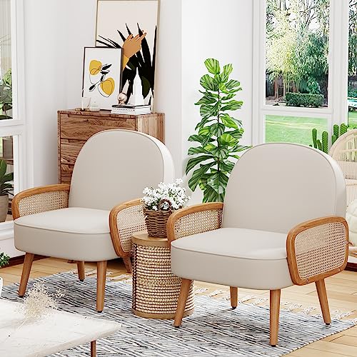 Mid Century Modern Accent Chair Armchair with Rattan Arms Upholstered Rattan Boho Accent Chair for Living Room Bedroom Balcony Faux Leather Reading Chairs Side Club Chair Beige