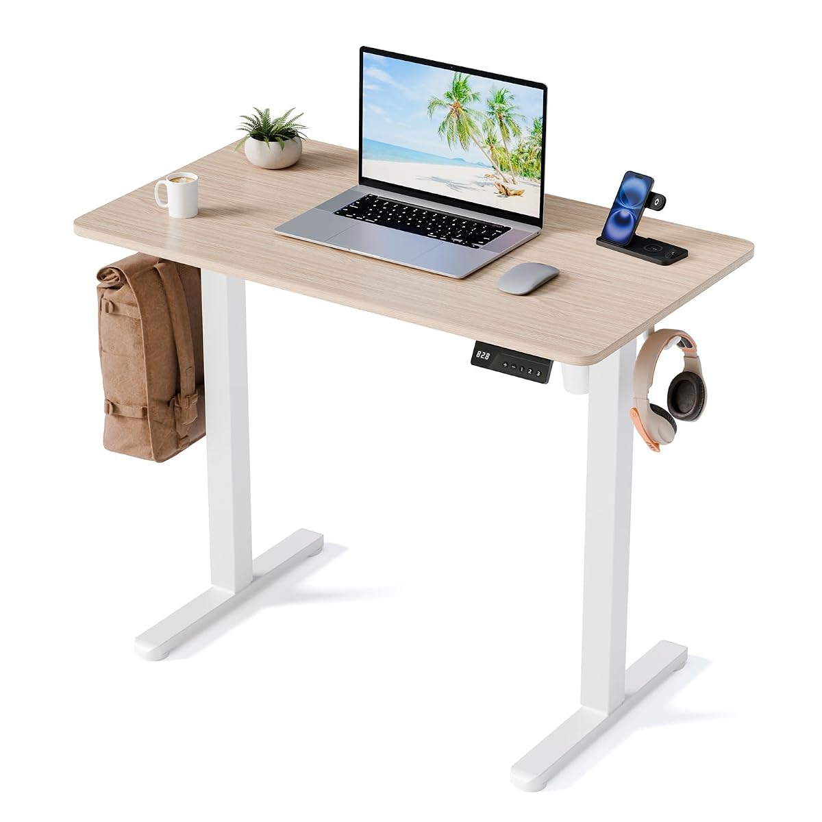 35" Electric Standing Desk, Small Sit Stand up Desk, Light Walnut