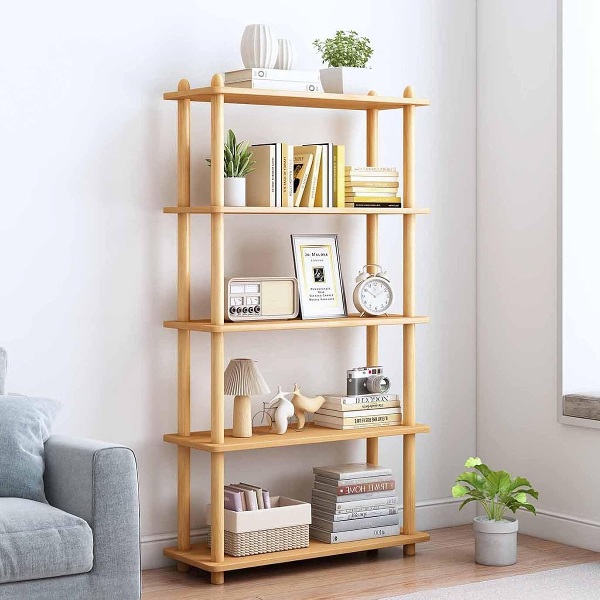 IOTXY 5-Tier Wooden Shelf Bookcase, Freestanding Open Bookshelf, Oak | Beech Wood Frame, 0.63" Shelves, Books, Plants, Decor, Living Room, Bedroom, Home Office