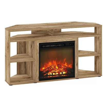 Corner TV Stand with Electric Fireplace, Fits TVs up to 55 in, Flagstaff Oak Finish, CARB Grade Composite Wood, 4 Compartments, Modern Living Room Entertainment Center