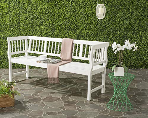 SAFAVIEH Outdoor Patio Furniture Collection – Brentwood Antique White Distressed Acacia Wood Bench with Silver Accents, Classic Outdoor Seating for Porch or Garden (PAT6732C)
