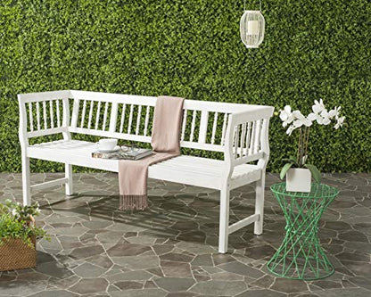 SAFAVIEH Outdoor Patio Furniture Collection – Brentwood Antique White Distressed Acacia Wood Bench with Silver Accents, Classic Outdoor Seating for Porch or Garden (PAT6732C)