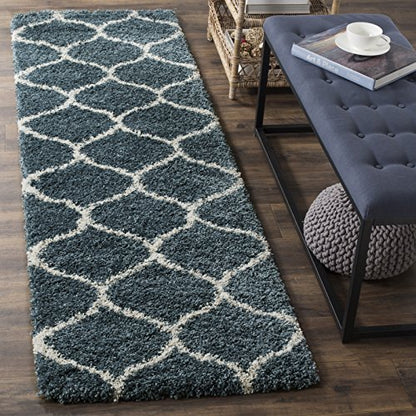 SAFAVIEH Hudson Shag Collection Runner Rug - 2'3" x 8', Slate Blue & Ivory, Trellis Design, Non-Shedding & Easy Care, 2-inch Thick Ideal for High Traffic Areas in Living Room, Bedroom (SGH280L)