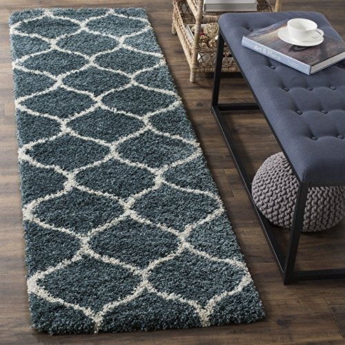 SAFAVIEH Hudson Shag Collection Runner Rug - 2'3" x 8', Slate Blue & Ivory, Trellis Design, Non-Shedding & Easy Care, 2-inch Thick Ideal for High Traffic Areas in Living Room, Bedroom (SGH280L)