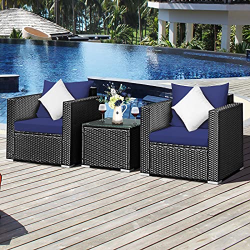 3 Pieces Patio Furniture Set, PE Rattan Wicker Sofa Set w/Washable Cushion and Tempered Glass Tabletop, Outdoor Conversation Furniture for Garden Poolside (Navy Blue)