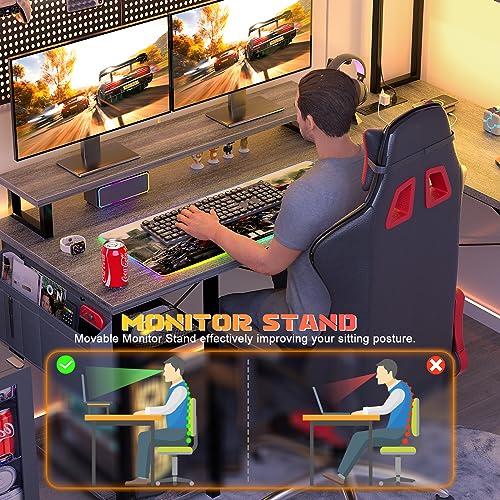 Small L Shaped Desk Gaming Desk with LED Lights & Power Outlets, view 6