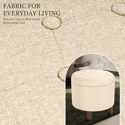 19" Button Tufted Round Storage Ottoman - Tan Woven
