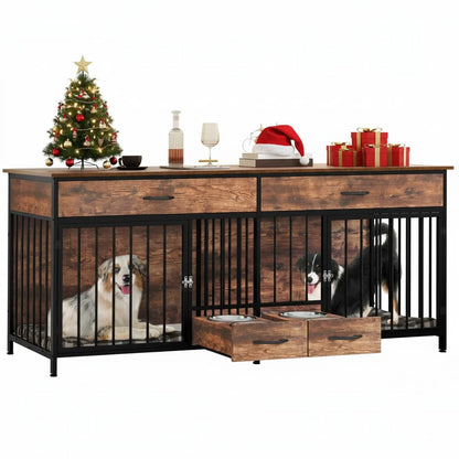 74.8" Double Dog Crate Furniture with Dog Feeder & Drawers