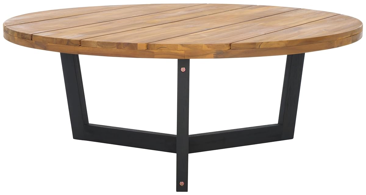 SAFAVIEH Outdoor, Leo Round Coffee Table, Natural & Black, Solid Wood