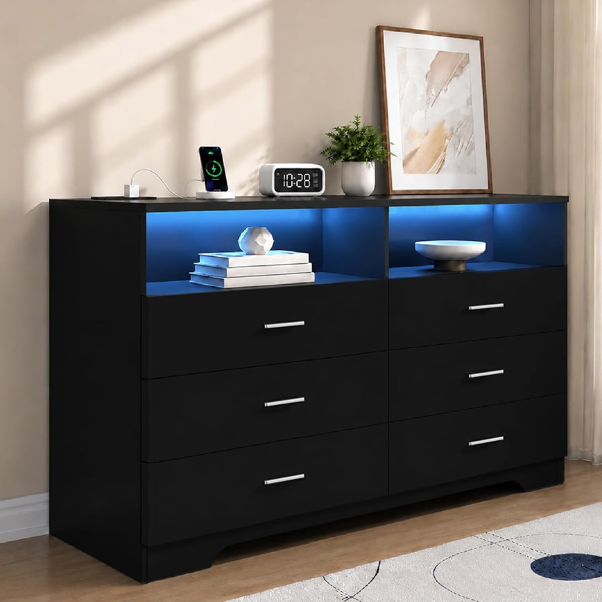 6 Drawer Dresser with Power Outlets and LED Wooden Chest of Drawers with Large