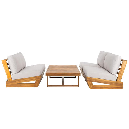 SAFAVIEH Outdoor Patio Furniture - Dune 4-Piece Set - Sand & Light Grey - Acacia Wood - Rustic, Conversation Set with Detachable Cushion Covers - Ideal for Patio, Deck, Porch, Backyard (PAT9516B-KIT3)