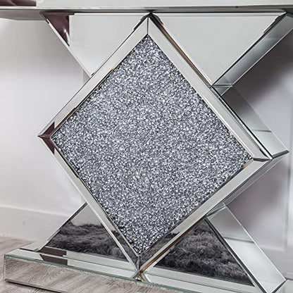 47.2'' Silver Console Table, Modern Entryway Tables with Diamond Shaped Mirror Finished, Glam Long Accent Narrow Table, Glass Sofa Table Foyer Table for Living Room Hallway Entrance