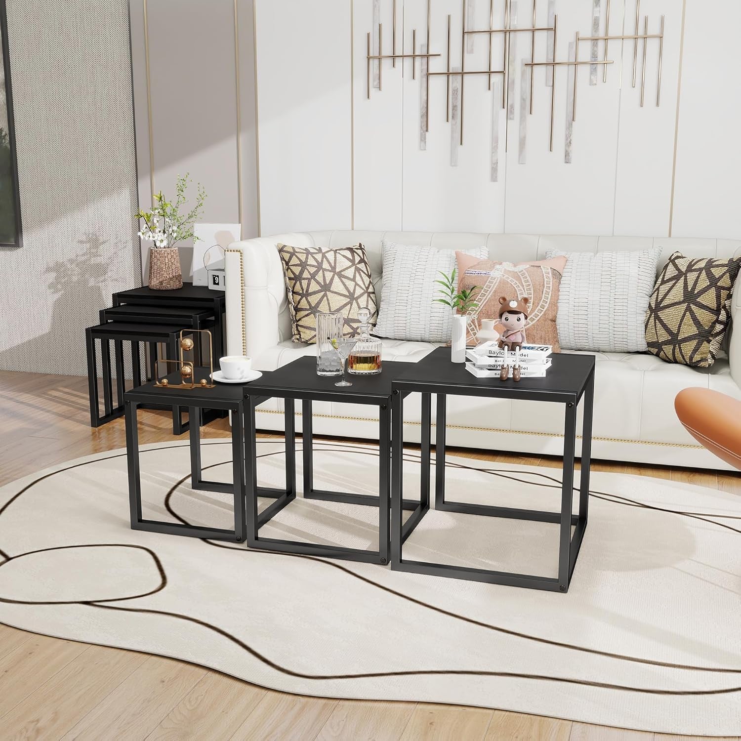 Nesting Table Set of 3 Side Tables, Modern Coffee Table Stacking End Table with Metal Frame，Black
