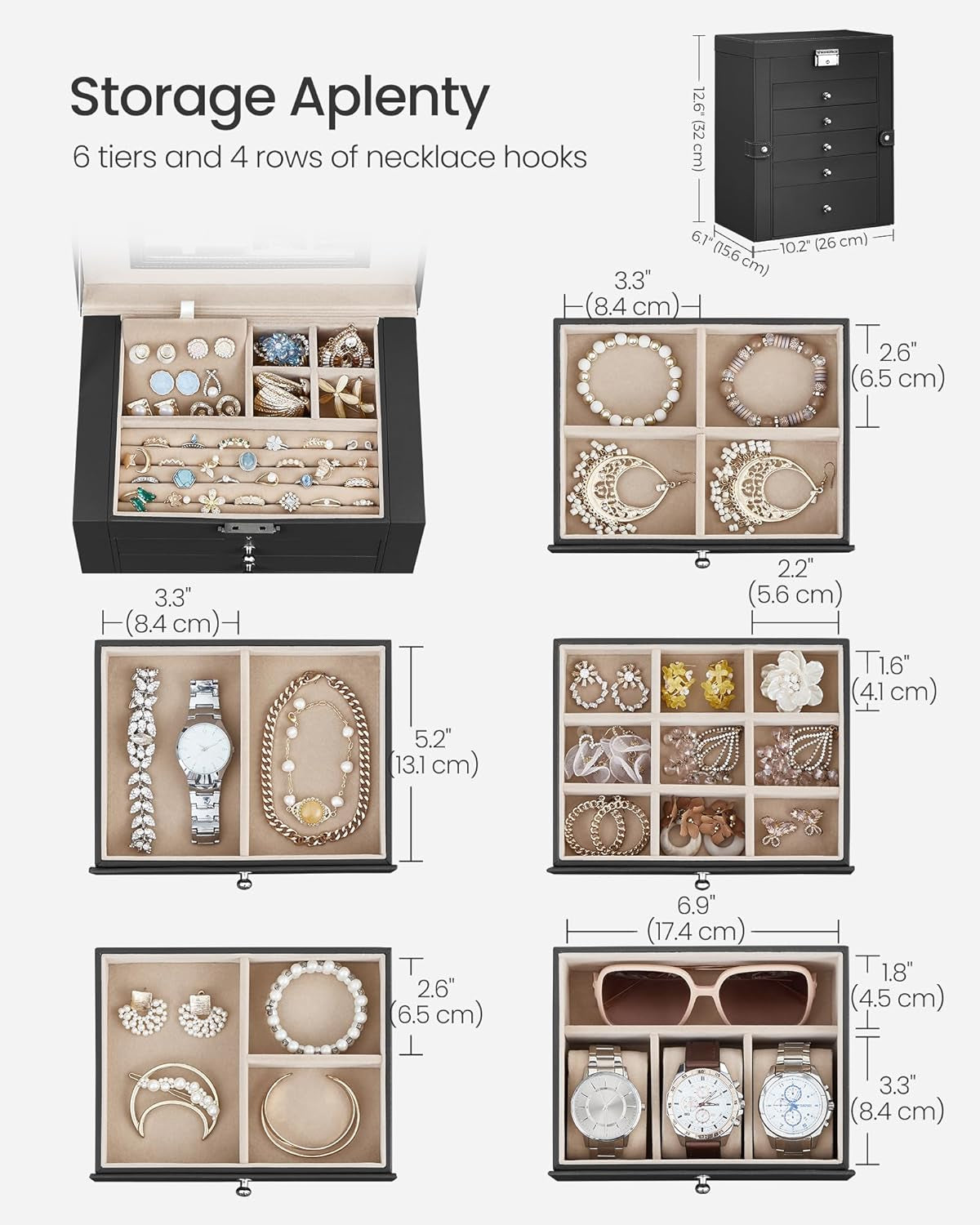 6 Tier Jewelry Box, Jewelry Storage Organizer with 5 Drawers, Large Storage Capacity, with Mirror, Lockable, Jewelry Case, Gift for Loved Ones, for Watches, Black UJBC152B01