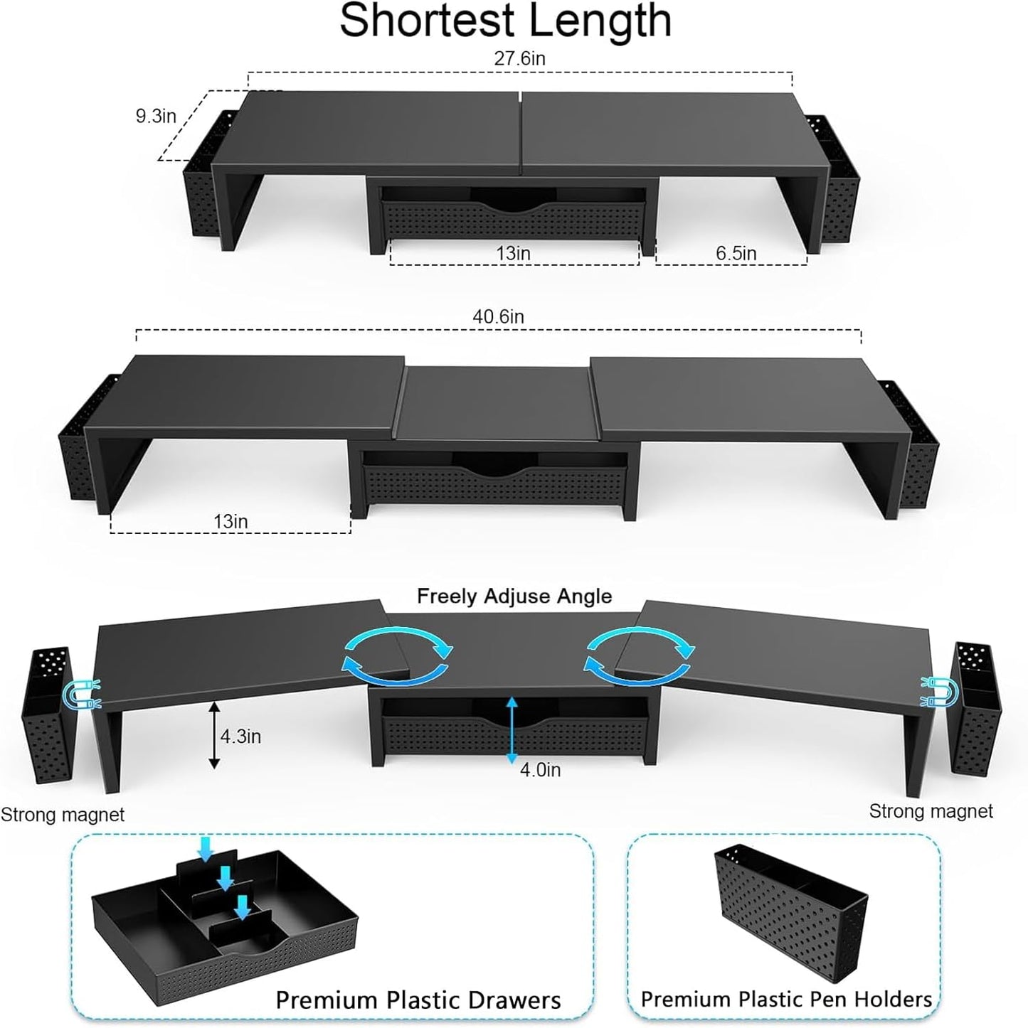 Dual Monitor Stand Riser, Desk Organizer with Drawer and 2 Pen Holders, Computer Monitor Stand, Shelf for Top of Desk, Black