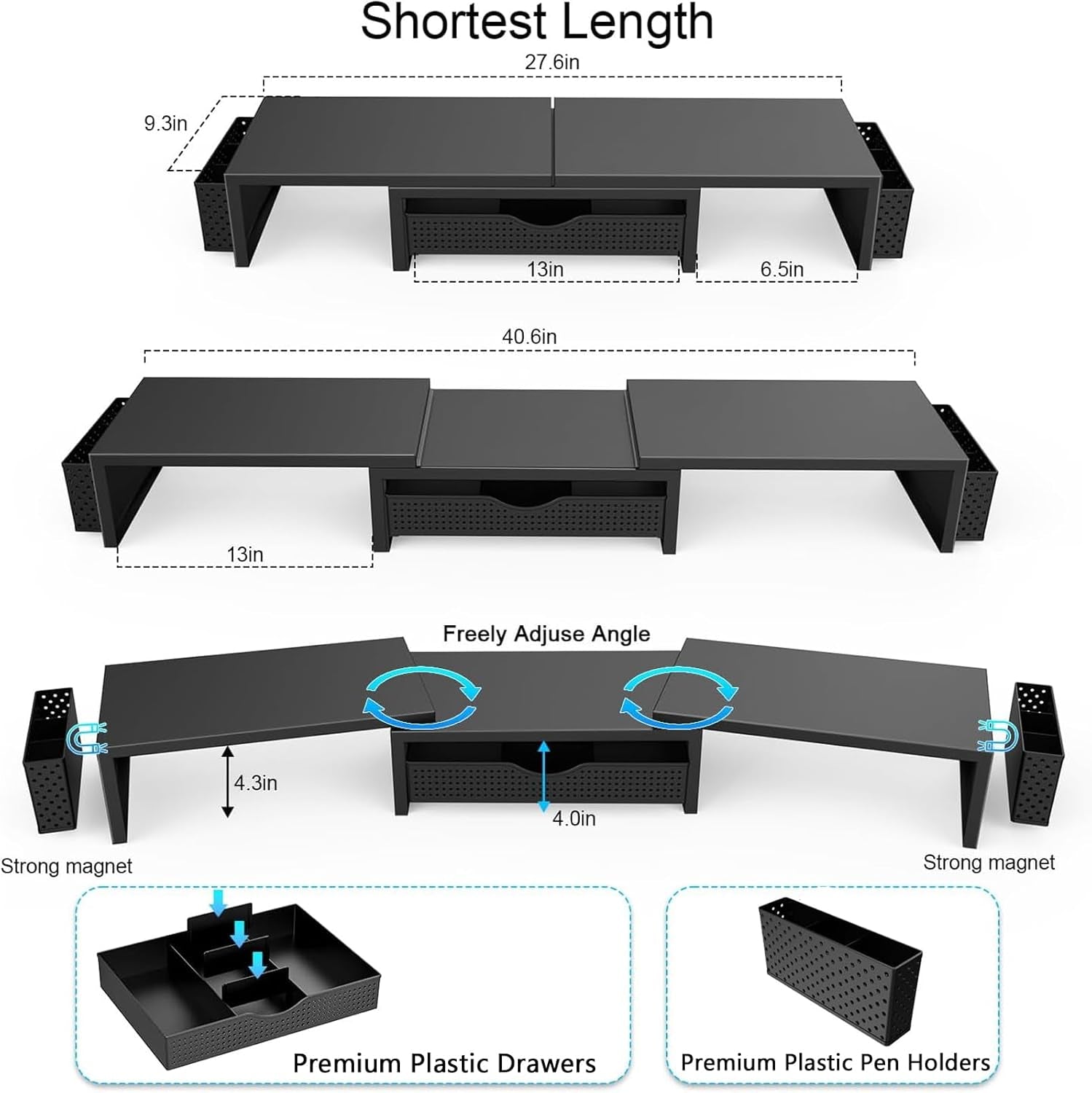 Dual Monitor Stand Riser, Desk Organizer with Drawer and 2 Pen Holders, Computer Monitor Stand, Shelf for Top of Desk, Black