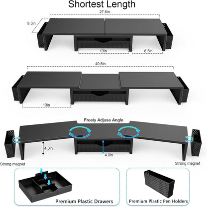 Dual Monitor Stand Riser, Desk Organizer with Drawer and 2 Pen Holders, Computer Monitor Stand, Shelf for Top of Desk, Black