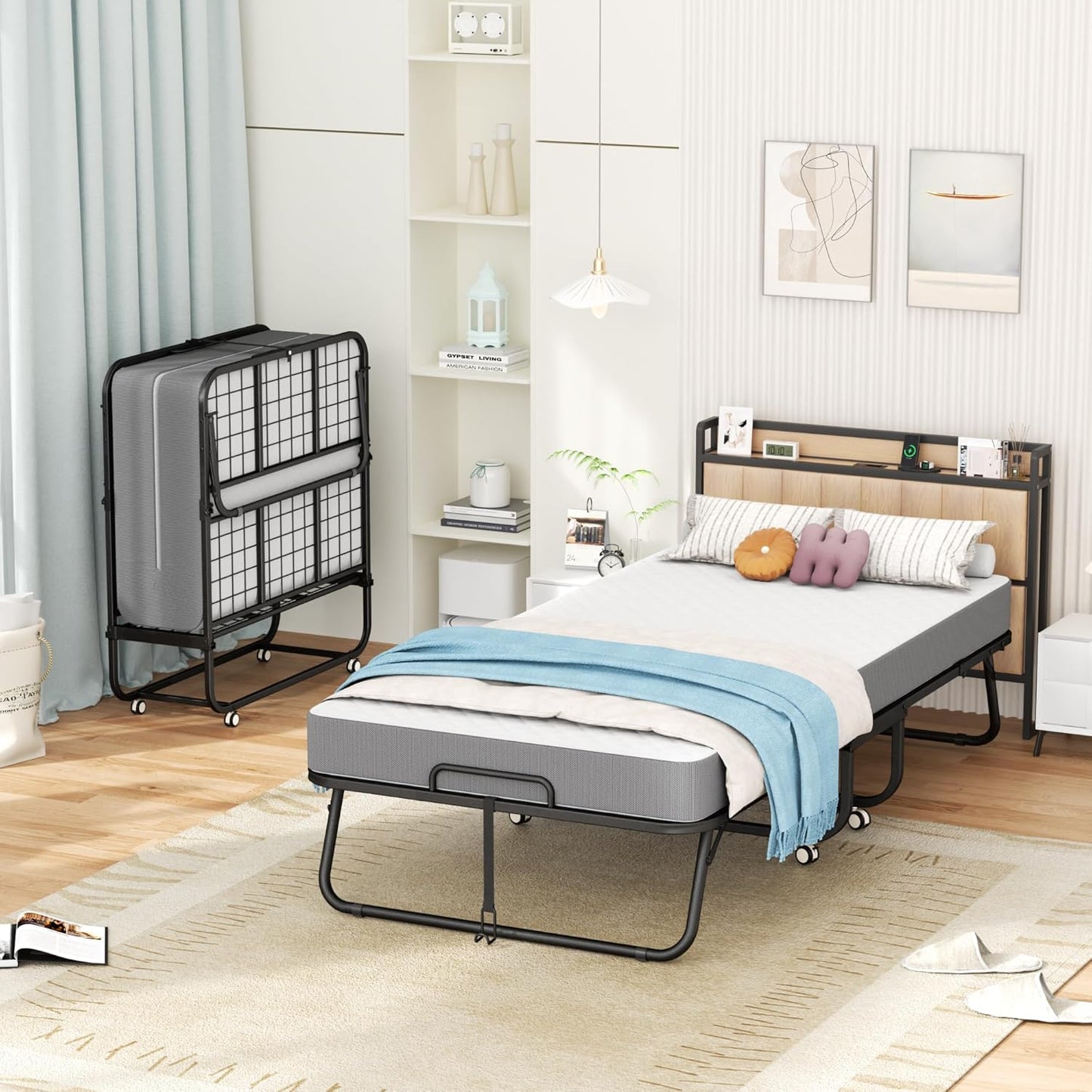 Folding Bed with Mattress, 75" X 31" - 5" Thick Memory Foam Mattress, Cot Size Portable Beds for Adults, Metal Bed Frame on Wheels for Guest, Space Saving Roll Away Beds for Easy Storage