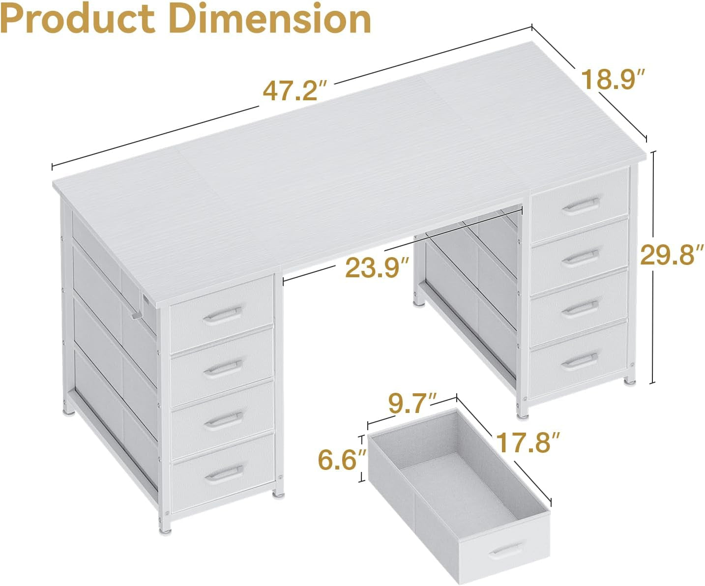 48 Inch White Computer Desk with 8 Fabric Drawers, Modern Office Desk with Large Storage for Home Office, Study, Gaming, White