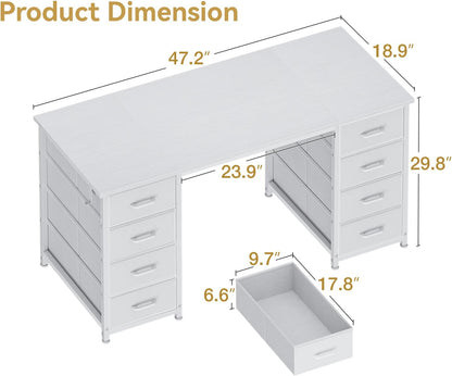 48 Inch White Computer Desk with 8 Fabric Drawers, Modern Office Desk with Large Storage for Home Office, Study, Gaming, White
