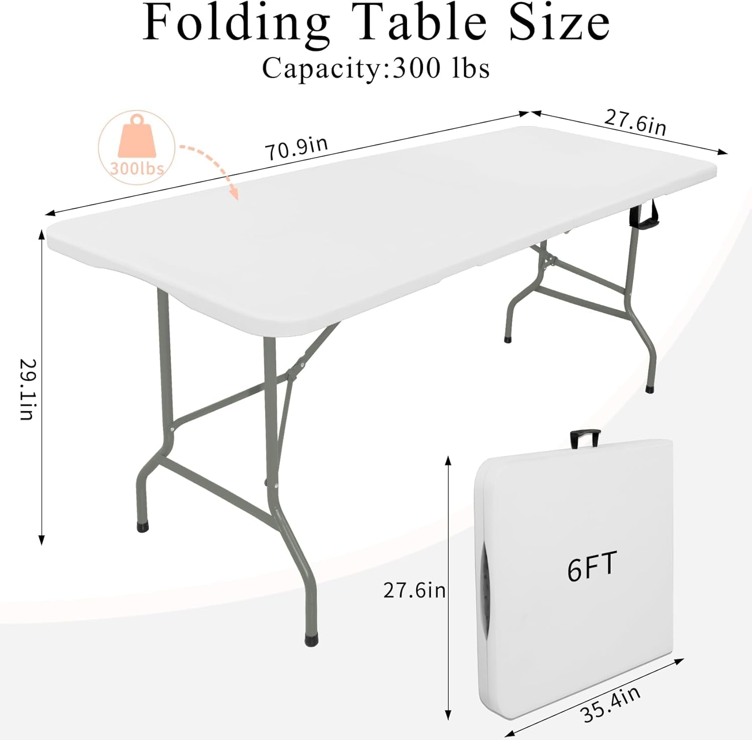 Set of 2 Folding Tables with Carrying Handle Lightweight Rectangular Portable Plastic Camping Table Steel Legs for Party, Dining, Wedding, Events, Picnic Indoor, Outdoor (6FT, White)