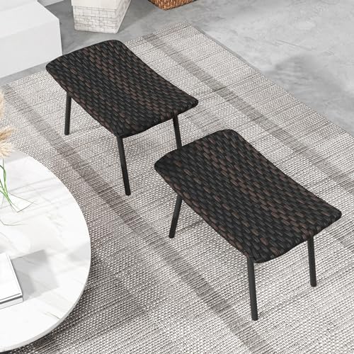 Set of 2 Patio Ottomans, Multipurpose Rattan Ottomans w/Padded Quick Dry Foam & Heavy-Duty Metal Legs, Outdoor Wicker Footrest Extra Seating for Poolside, Backyard All Weather Resistant