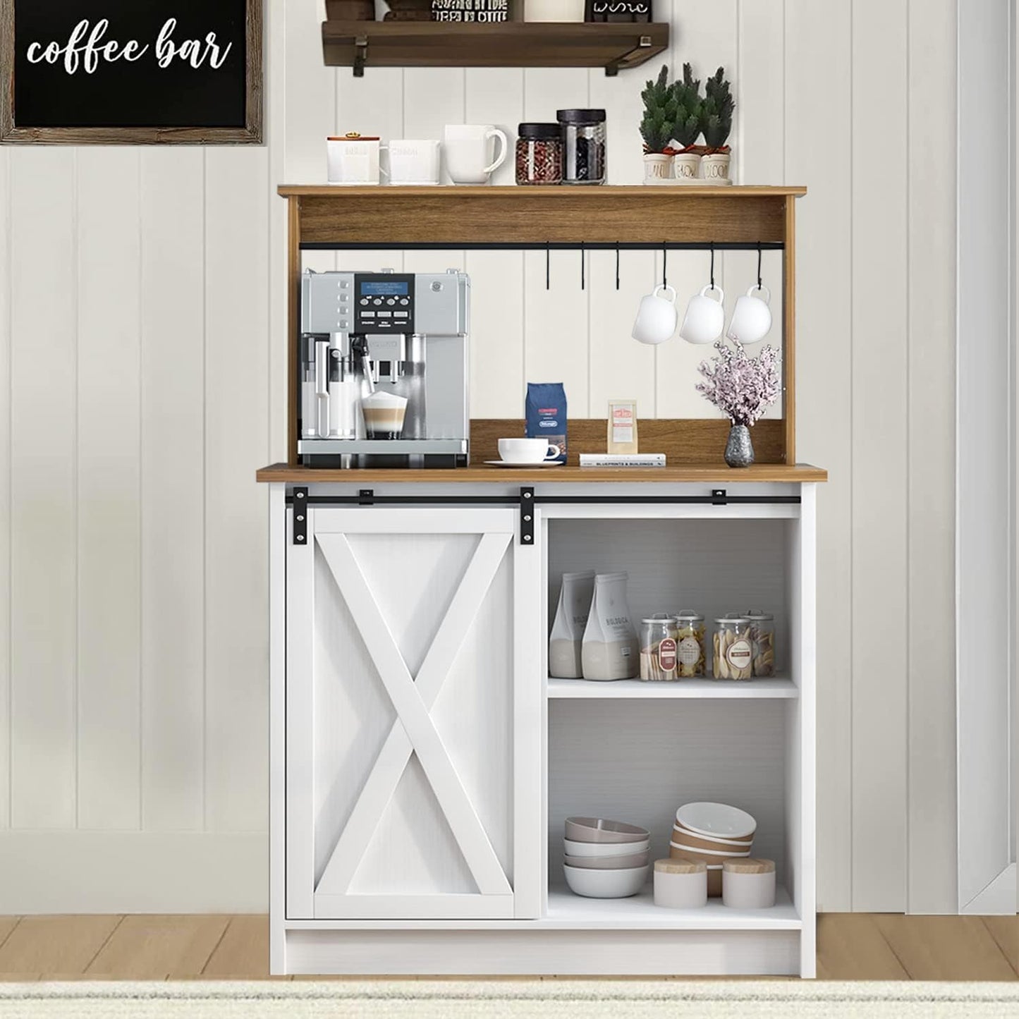 Farmhouse Coffee Bar with Hutch, White Coffee Bar Cabinet with Storage Sliding Barn Door, 31 Inch Buffet Cabinet with 6 Hooks, Coffee Bar Table with Adjustable Shelves for Living Dining Room