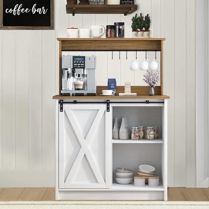 Farmhouse Coffee Bar with Hutch, White Coffee Bar Cabinet with Storage Sliding Barn Door, 31 Inch Buffet Cabinet with 6 Hooks, Coffee Bar Table with Adjustable Shelves for Living Dining Room