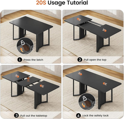 5-Piece Dining Table Set for 4-6 People, 63" Extendable Kitchen Table and 4 Cushion Chairs, Dining Room Table with MDF Board & Metal Frame for Small Space, Easy Clean, Black