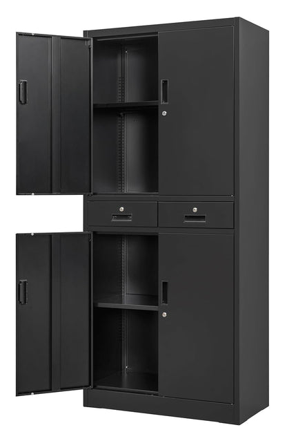 Metal Storage Cabinet, 71" Locking Storage Cabinet with Adjustable Shelves and 2 Drawers, Steel Cabinets for Office, Garage, Home, School, Utility Room(Black)
