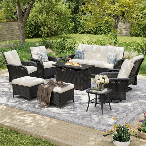 10-Piece Patio Furniture Set with 44'' Fire Pit Table, Luxury Outdoor Patio Furniture Set with 360° Swivel Chairs, Patio Conversation Set for Backyard, Poolside & Garden, Black/Beige