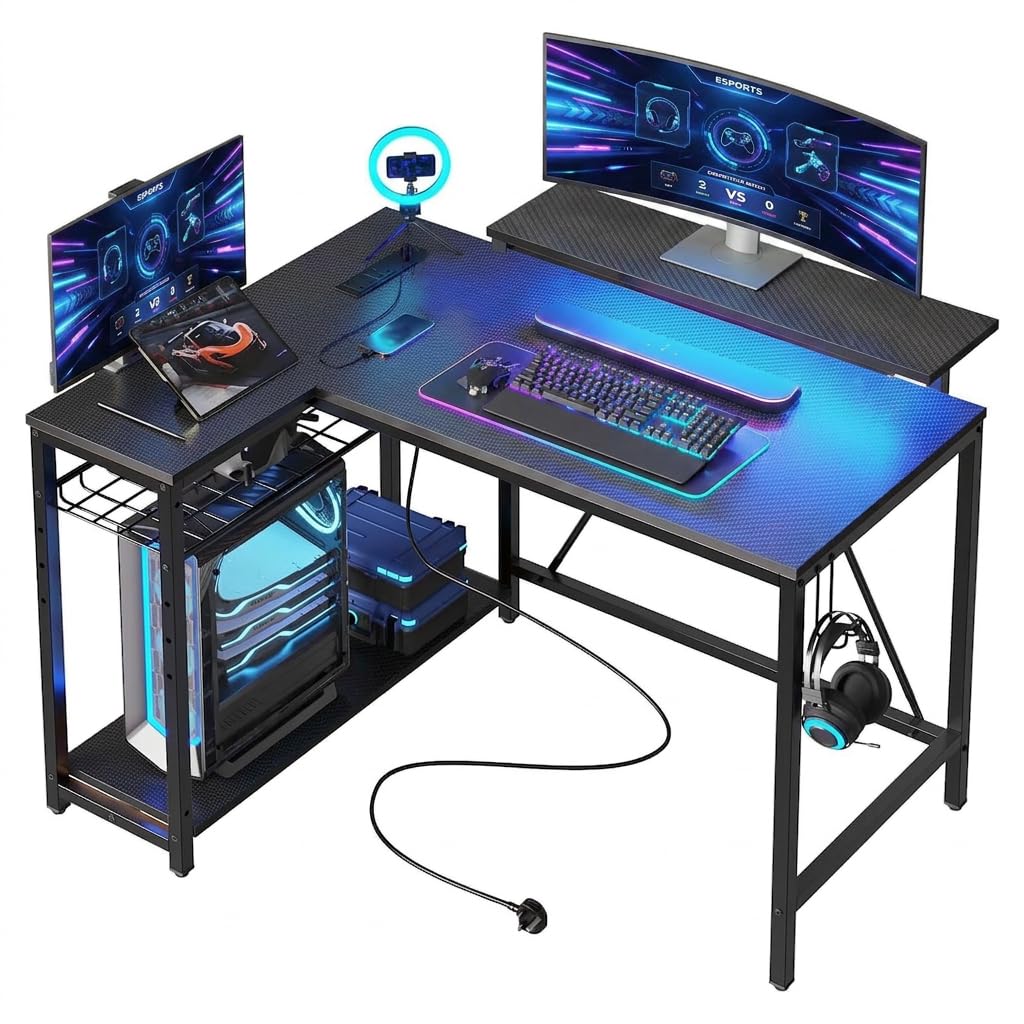 42" L-Shaped Gaming Desk with LED Lights and Power Outlets, Black