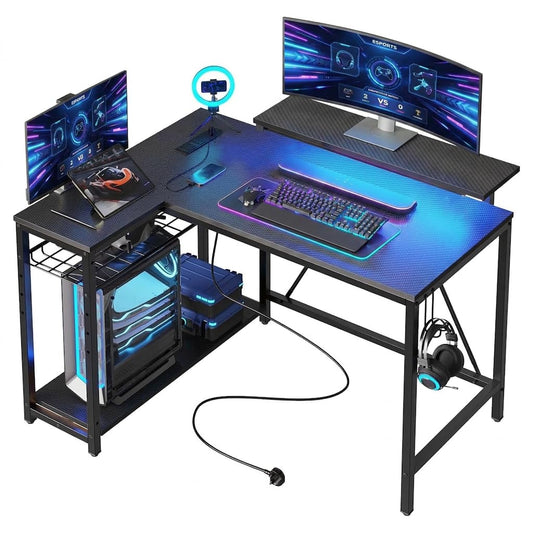 42" L-Shaped Gaming Desk with LED Lights and Power Outlets, Black