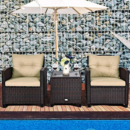 3 Piece Patio Furniture Set, Outdoor Conversation Set with Washable Cushions & Tempered Glass Tabletop, PE Rattan Wicker Bistro Set for Porch, Garden, Balcony (Beige)