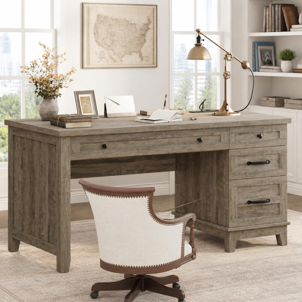 Executive Home Office Desk, Adjustable File Drawer Office Desk