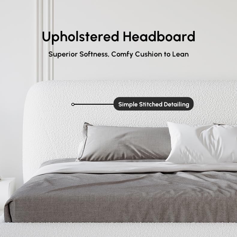Modern Bedroom Furniture Set 2 Piece, White Boucle Queen Size Platform Bed Set & Bedroom Bench with Solid Rubber Wood Legs, Upholstered Headboard for Master Suite or Guest Room