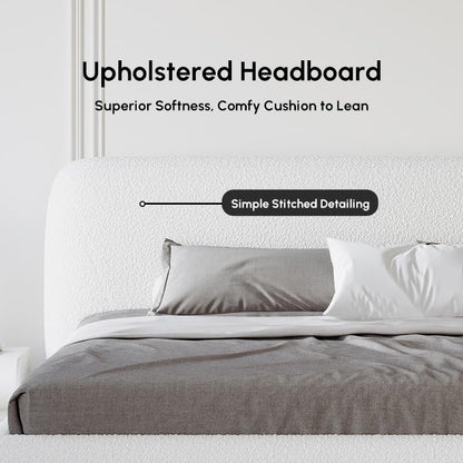 Modern Bedroom Furniture Set 2 Piece, White Boucle Queen Size Platform Bed Set & Bedroom Bench with Solid Rubber Wood Legs, Upholstered Headboard for Master Suite or Guest Room