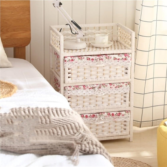 Rattan-Like Nightstand, Storage Cabinet with 3 Drawers, Minimalist Side Tables