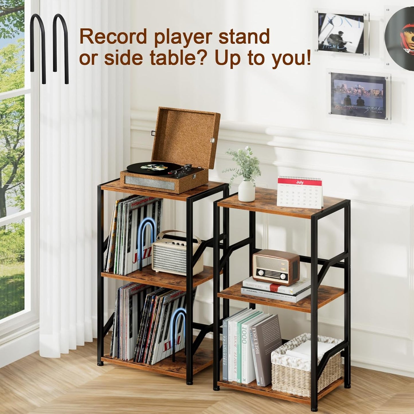Record Player Stand, Vinyl Record Storage up to 200 Albums, 3 Tier End Table with Removable Dividers, Tall Side Table for Living Room, Bedroom, Rustic Brown, HETCD010BR-1