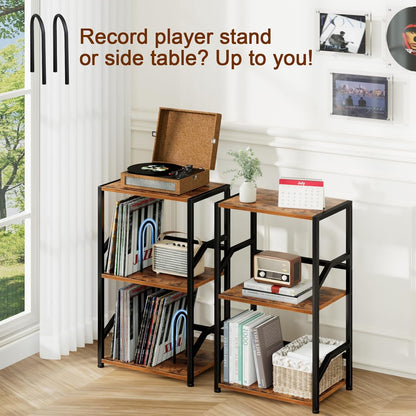Record Player Stand, Vinyl Record Storage up to 200 Albums, 3 Tier End Table with Removable Dividers, Tall Side Table for Living Room, Bedroom, Rustic Brown, HETCD010BR-1