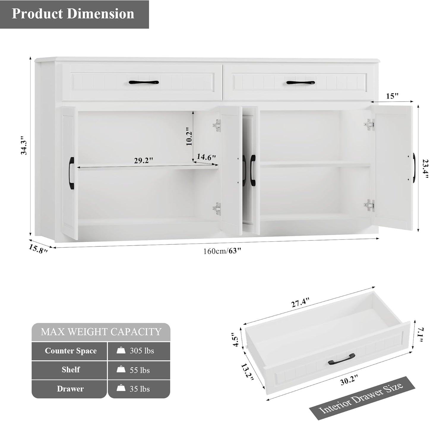 63" Large Sideboard Buffet Cabinet with Storage, Modern Coffee Bar Cabinets with Drawers, Long Kitchen Sideboard Buffets Table for Living Room, Wide Wood Kitchen Buffet Storage Cabinet, White
