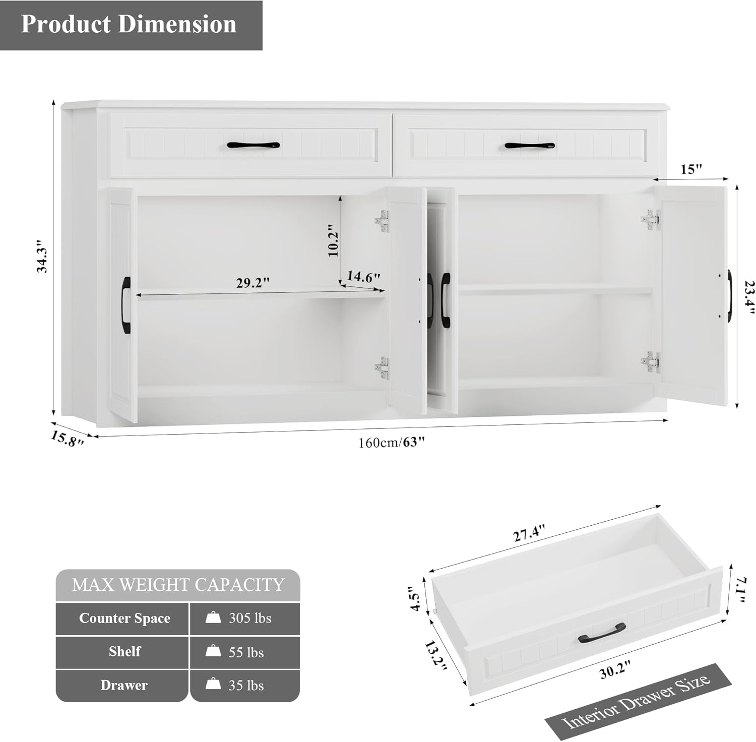 63" Large Sideboard Buffet Cabinet with Storage, Modern Coffee Bar Cabinets with Drawers, Long Kitchen Sideboard Buffets Table for Living Room, Wide Wood Kitchen Buffet Storage Cabinet, White
