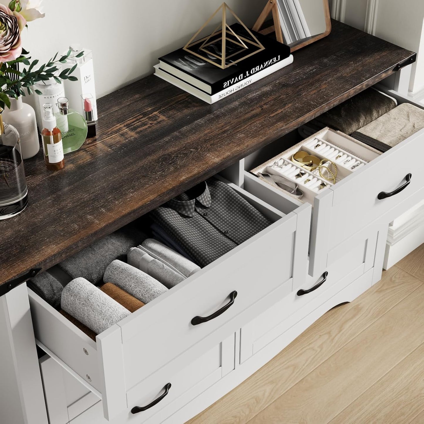 Farmhouse 6 Drawers Double Dresser for Bedroom, Modern White Dresser Chest of Drawers, Wide Dressers Organizer, Accent Storage Cabinet for Closet, Living Room, Hallway, Antique White
