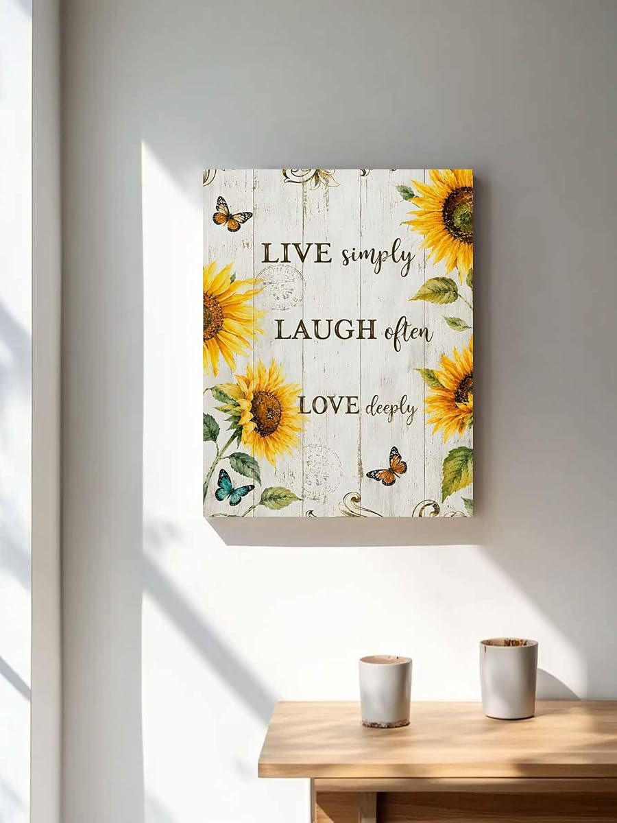 NuYeBiofx Rustic Sunflower Butterfly Live Quote Canvas Wall Art Prints,30"x20" Framed Picture Artwork Floral Retro Wood Plank Printed Canvas Oil Painting for Living Room Bedroom Office,Ready to Hang