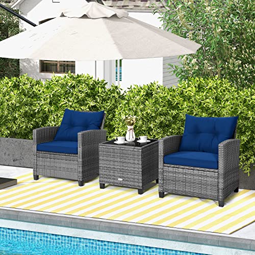 3 Pieces Patio Conversation Set, Outdoor Furniture Set PE Rattan Sofa Set with Removable Cushions, PE Wicker Chairs with Tempered Glass Side Table for Porch Lawn Garden Balcony Backyard
